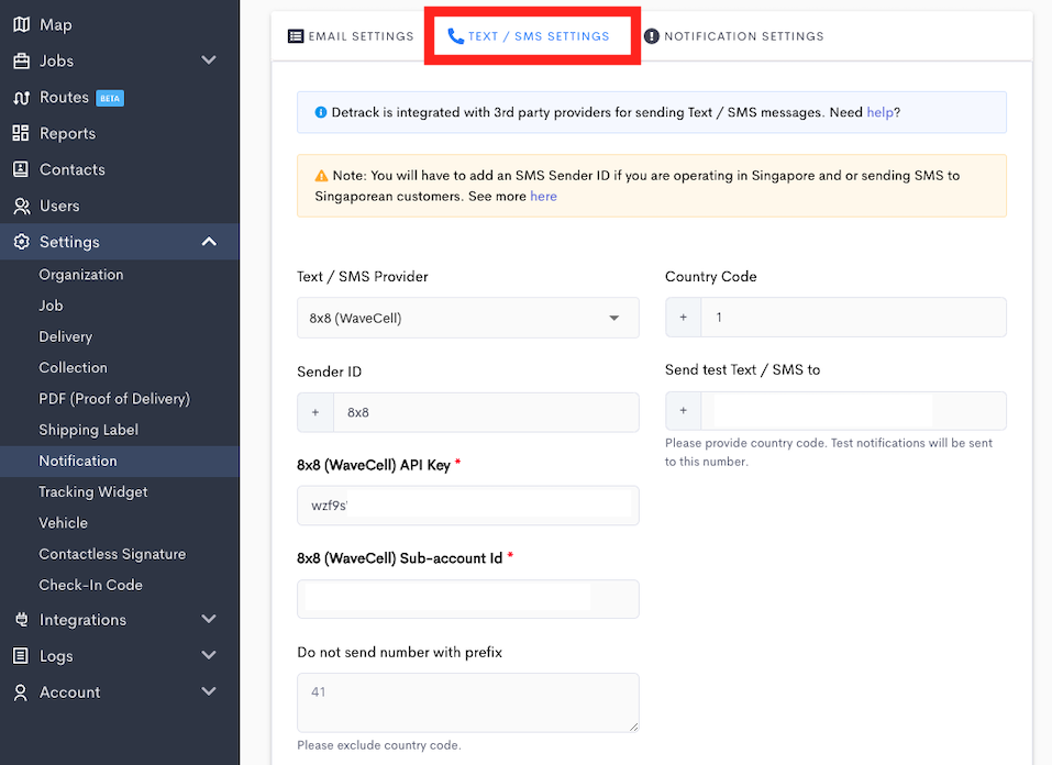 Text / SMS Settings Example