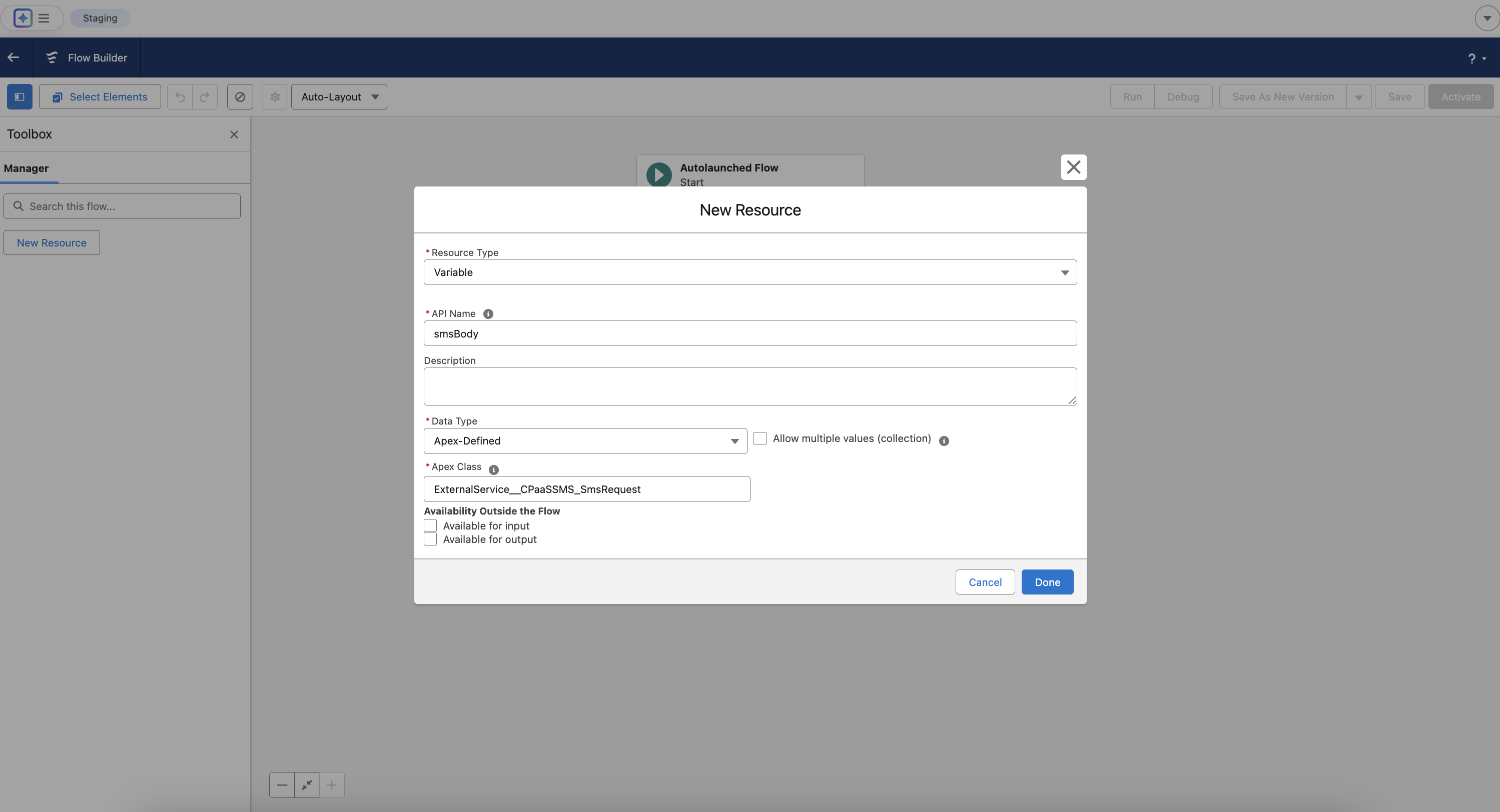 Configuring the first Variable smsBody