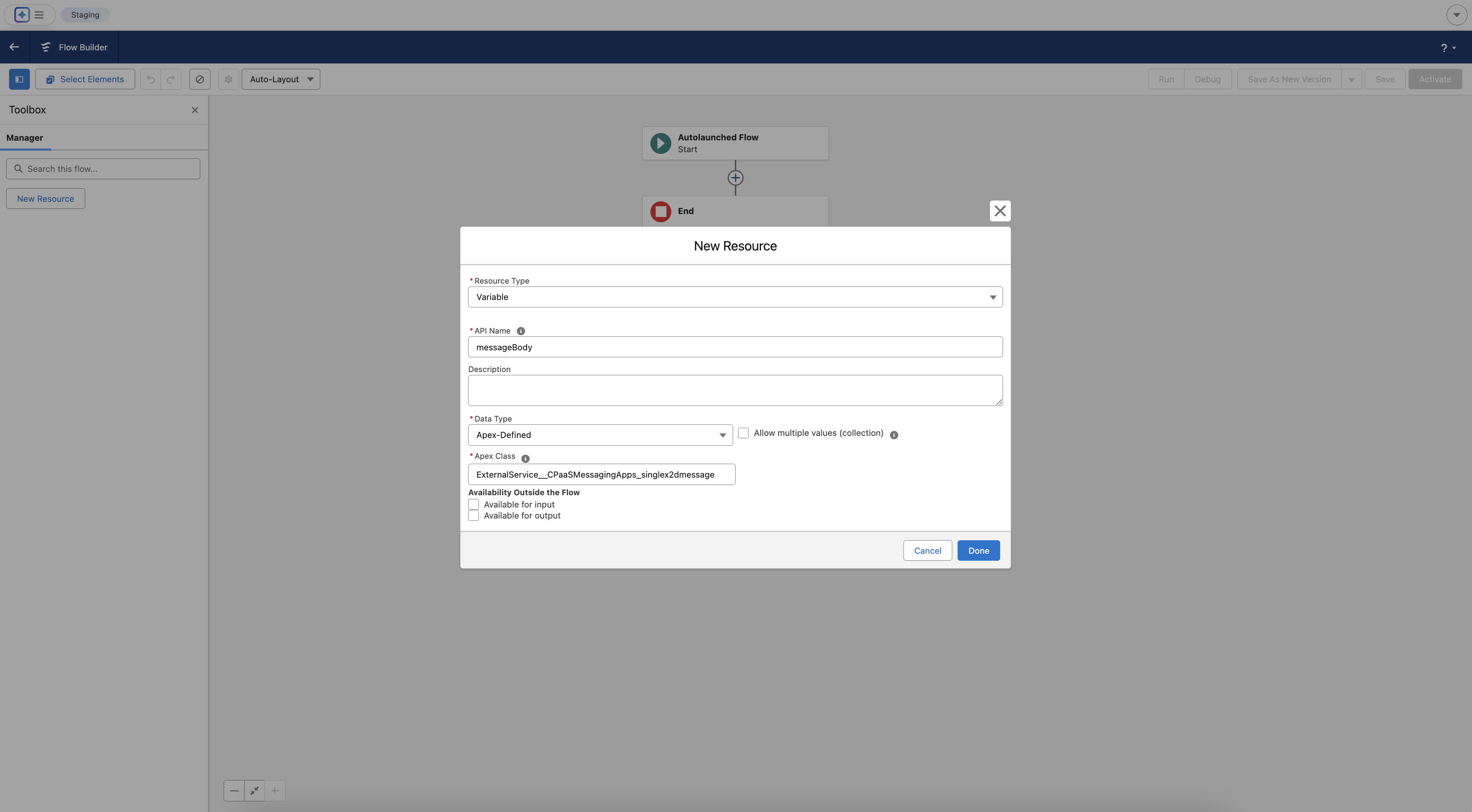 Configuring the first Variable messageBody