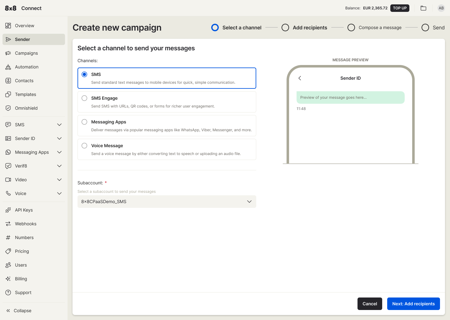 The Multi-Channel Sender (MCS) campaign creation feature in Connect