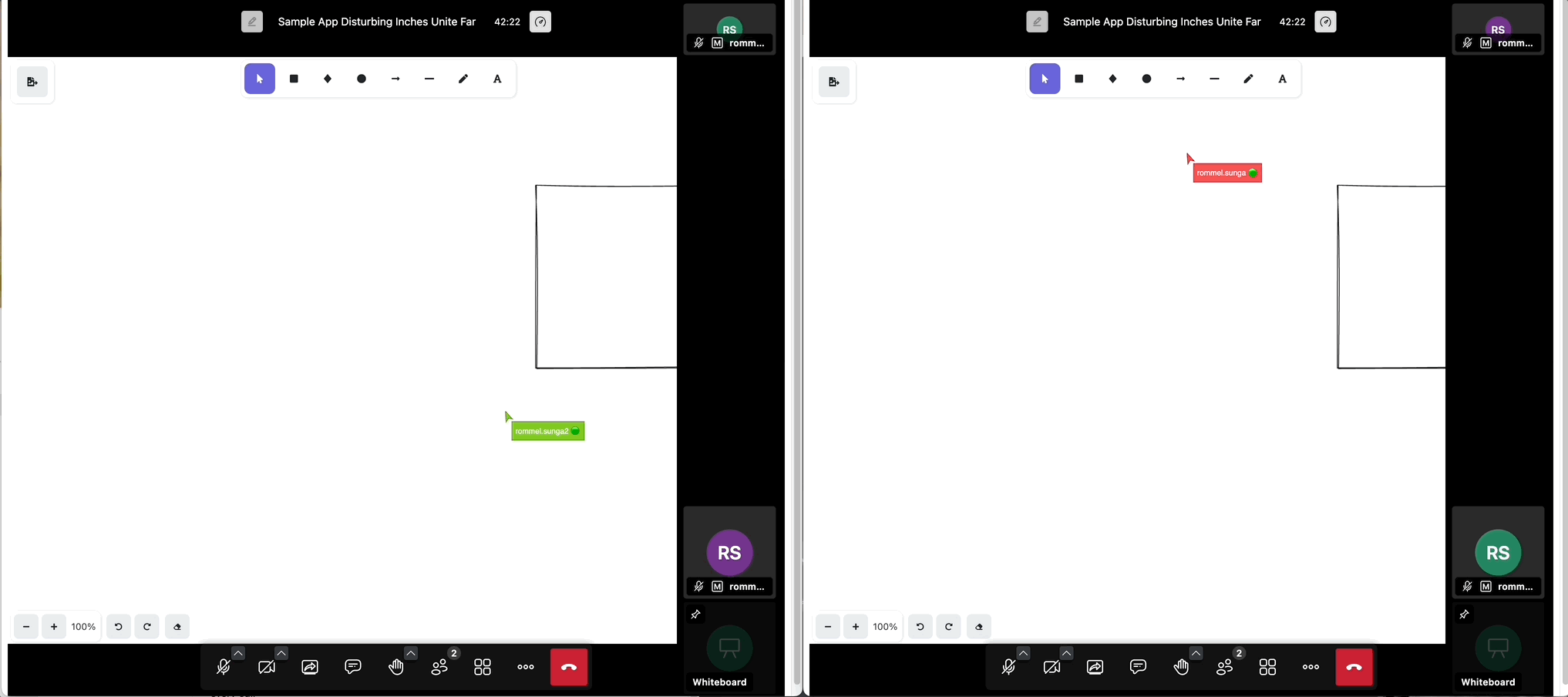 The GIF shows two separate participants connected to the same room. They are able to use the whiteboard feature simultaneously and see each other&#39;s changes in real-time.