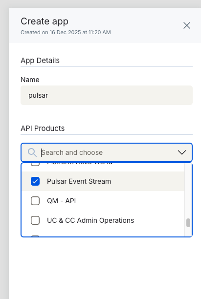 Create App Dialog - Pulsar Event Stream