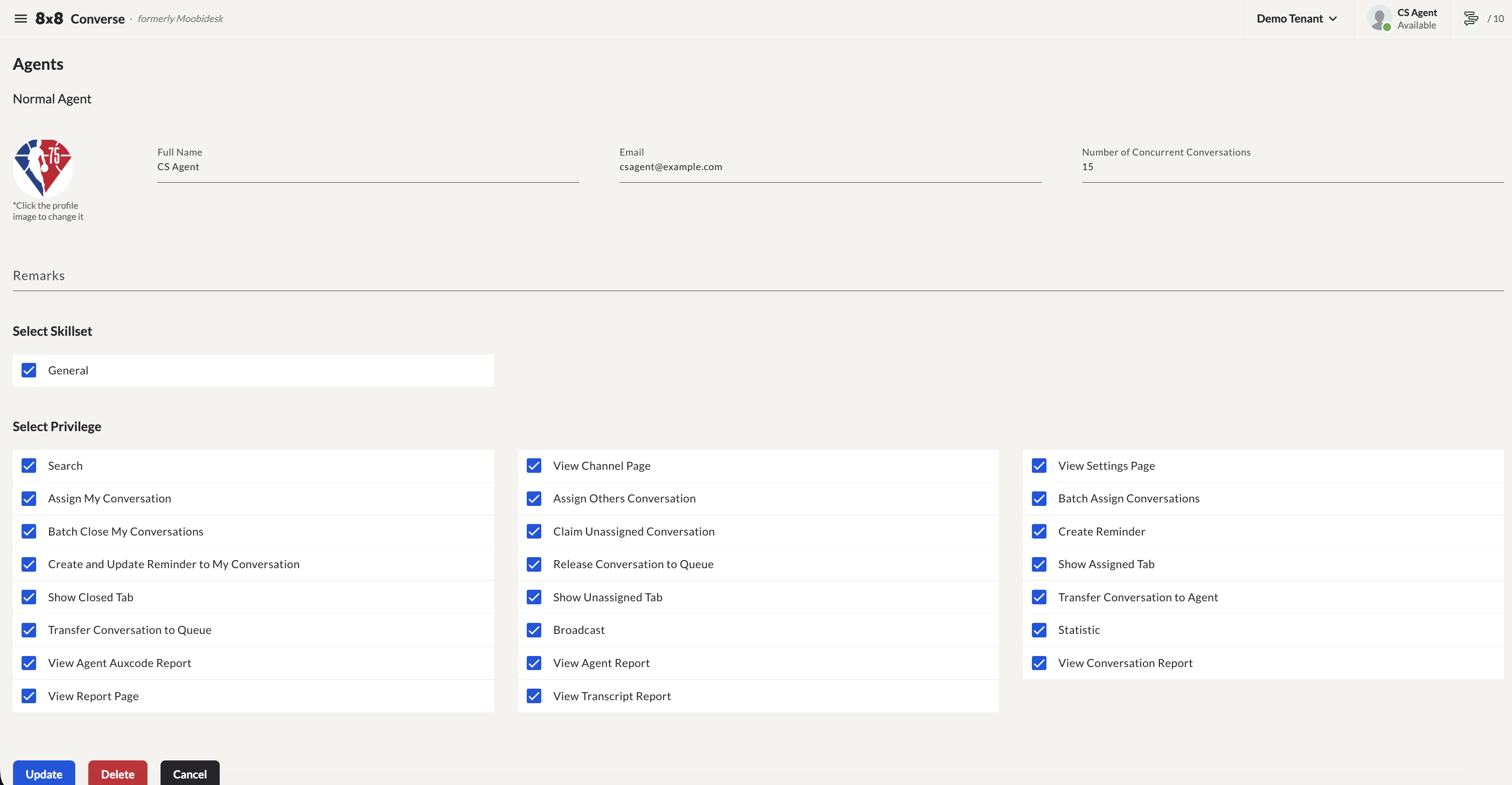 Edit Agent page