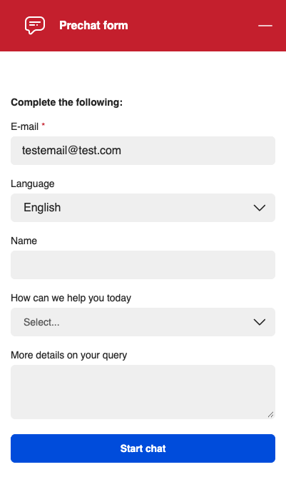 Prechat form with the primary Start chat button