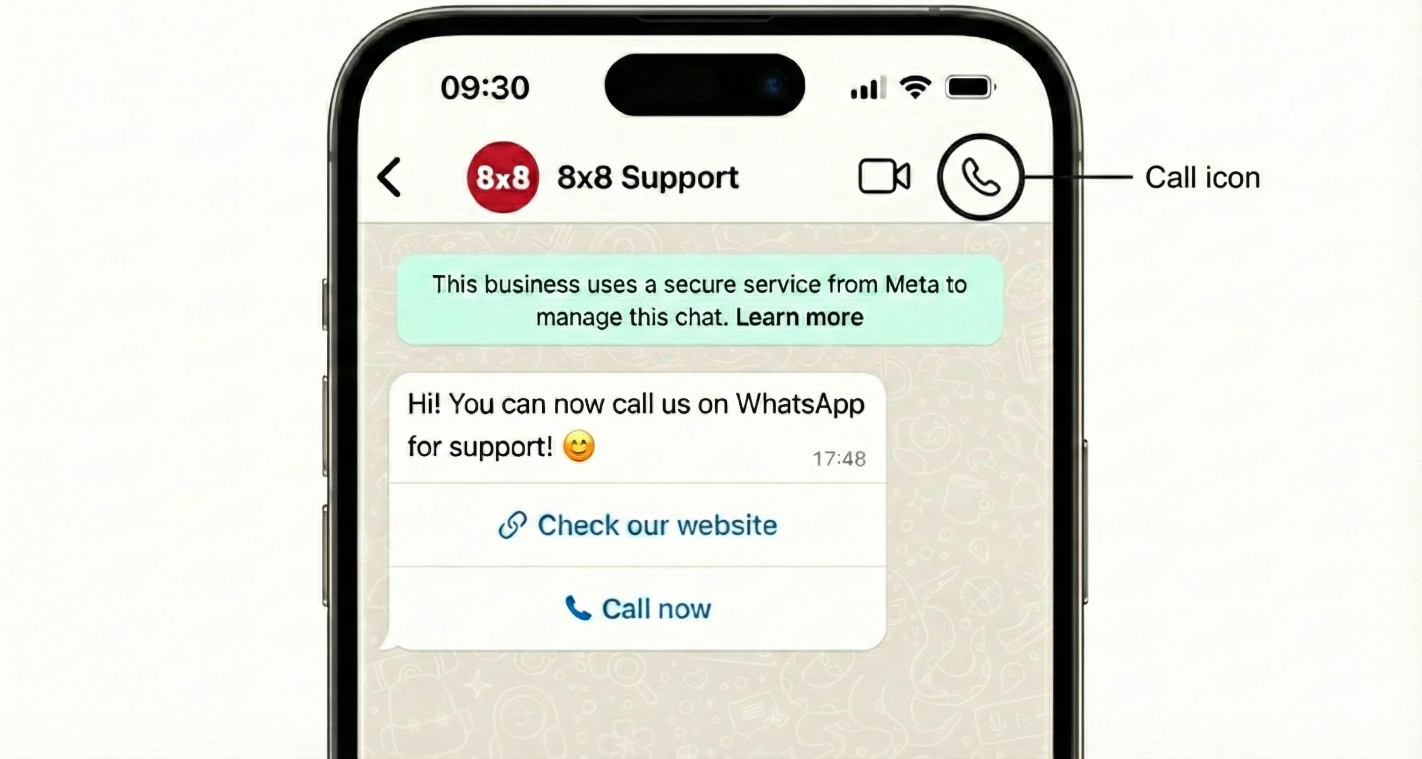 WhatsApp chat showing call icon and call entry points